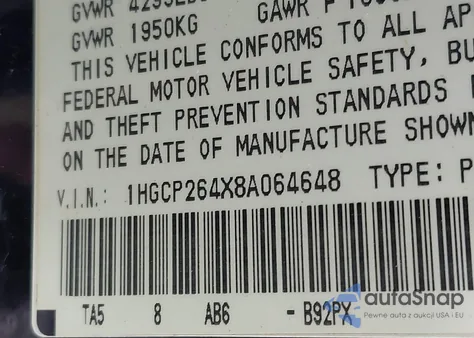 2008 Honda Accord 2.4 Lx-P z USA, uszkodzony, nr VIN 1HGCP264X8A064648
